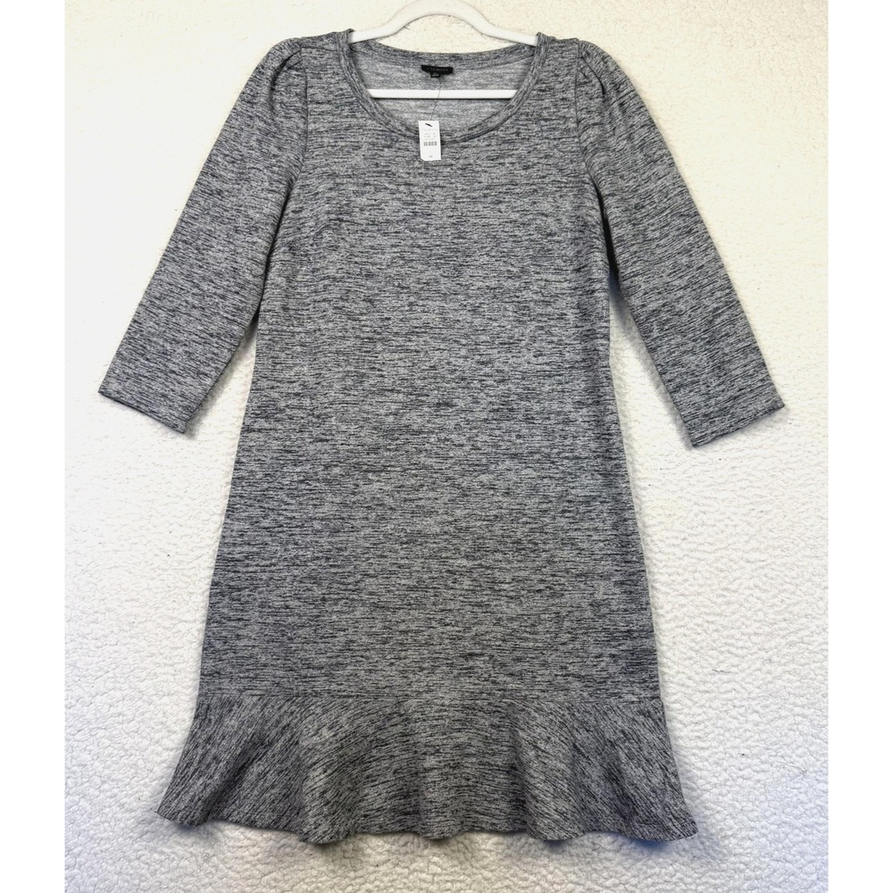 NEW Talbots Dress Womens‎ Medium Gray Heather Knit Ruffle Hem 3/4 Sleeve Casual
